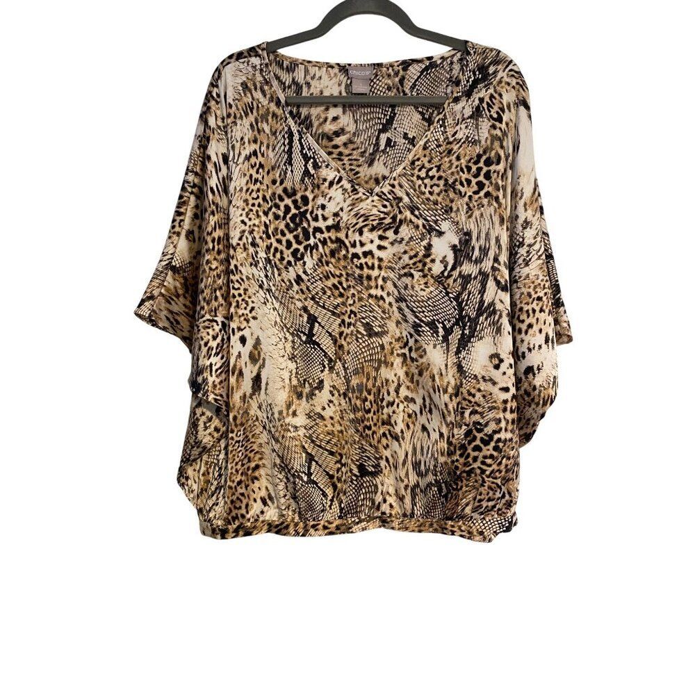 Chicos 3 Leopard Print V-Neck Top Size (16/18) Lightweight Boxy Elastic Back